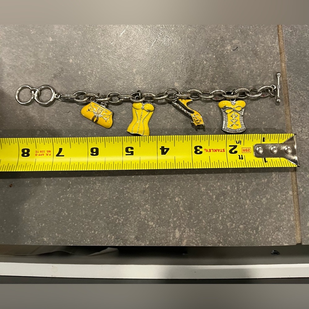 Vintage silver tone enamel corset, boots, high heels 8” bracelet